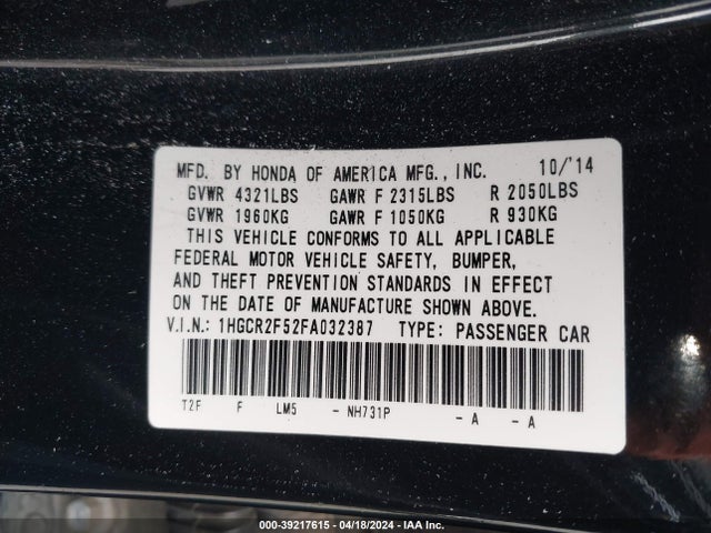 Honda Accord Sport 2015 1HGCR2F52FA032387 Image 9