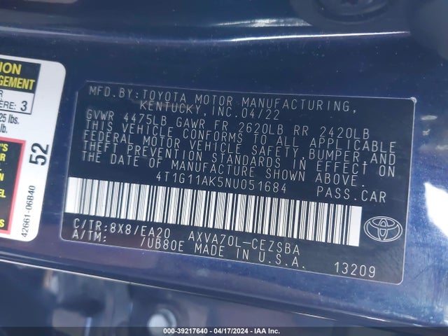 Toyota CAMRY SE 2022 4T1G11AK5NU051684 Image 9