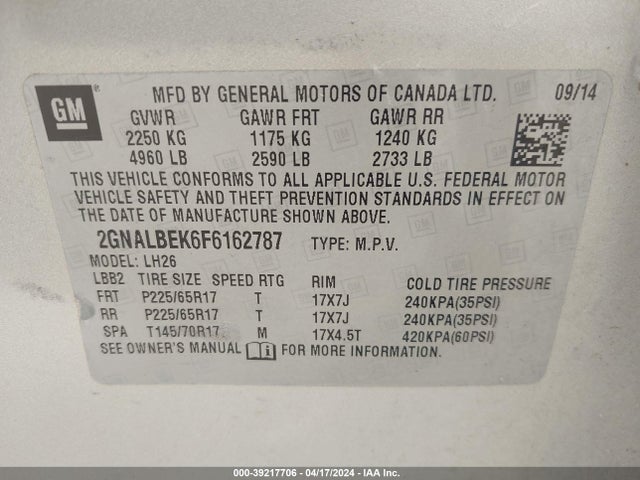Chevrolet EQUINOX 1LT 2015 2GNALBEK6F6162787 Image 9