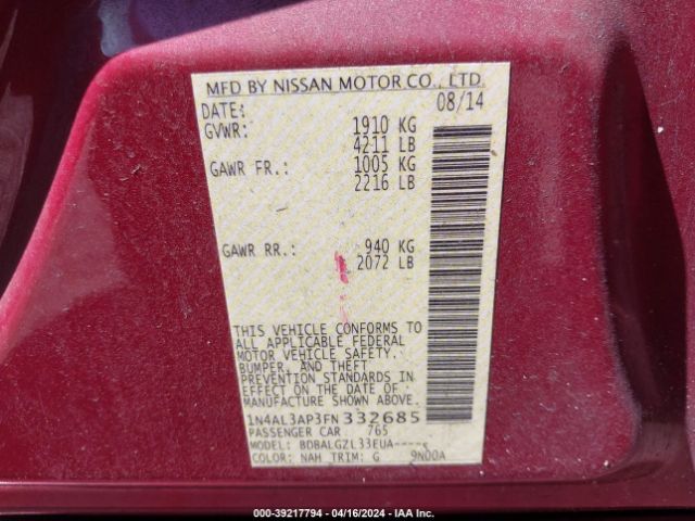 1N4AL3AP3FN332685 Nissan Altima 2.5/2.5 S/2.5 Sl/2.5 Sv