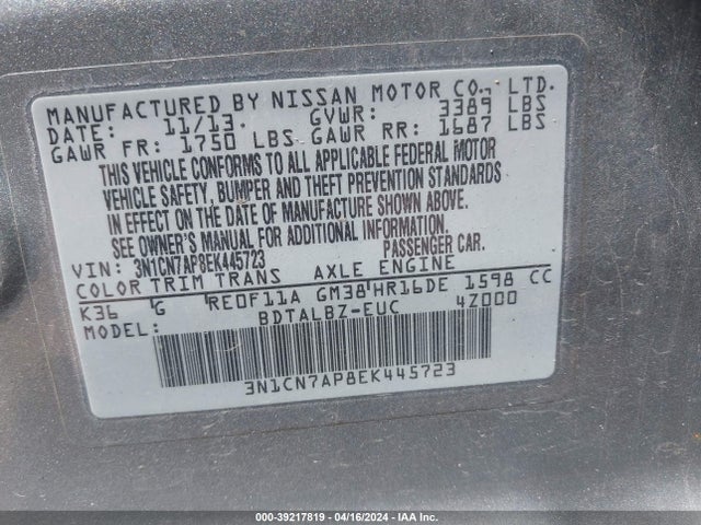 Nissan Versa 1.6 Sv 2014 3N1CN7AP8EK445723 Image 9