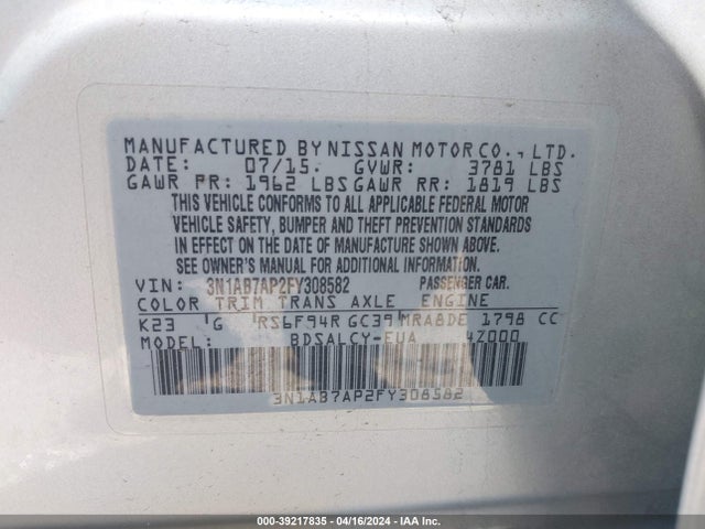 Nissan SENTRA S 2015 3N1AB7AP2FY308582 Image 9