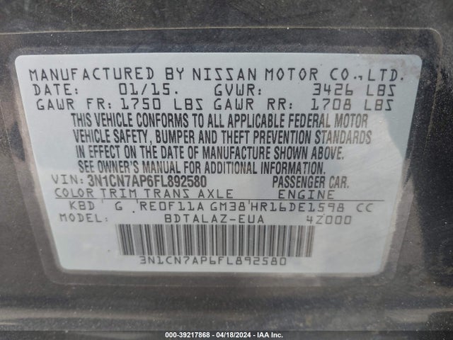 Nissan Versa 1.6 S+ 2015 3N1CN7AP6FL892580 Image 9