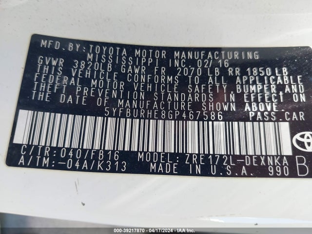 Toyota COROLLA LE 2016 5YFBURHE8GP467586 Image 9