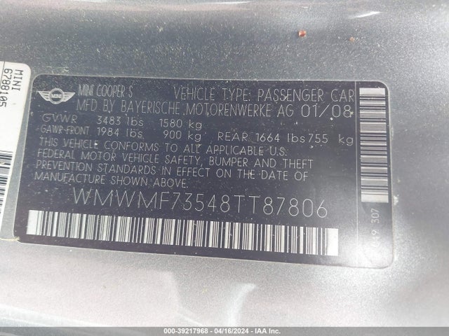 2008 MINI COOPER S WMWMF73548TT87806 Photo 8