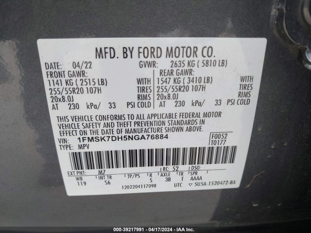 Ford EXPLORER XLT 2022 1FMSK7DH5NGA76884 Image 9