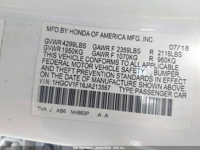 Honda ACCORD LX 2018 1HGCV1F16JA213567 Image 9