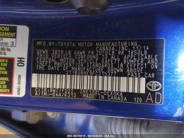 Toyota Corolla S Plus 2015 2T1BURHE9FC315377 Image 9