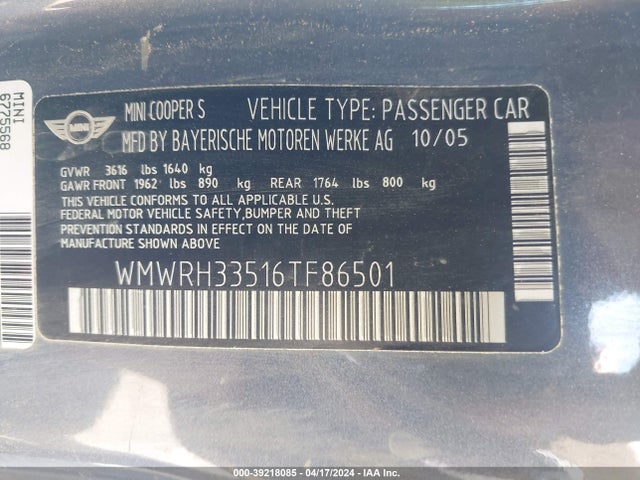 2006 MINI COOPER S WMWRH33516TF86501 Photo 8