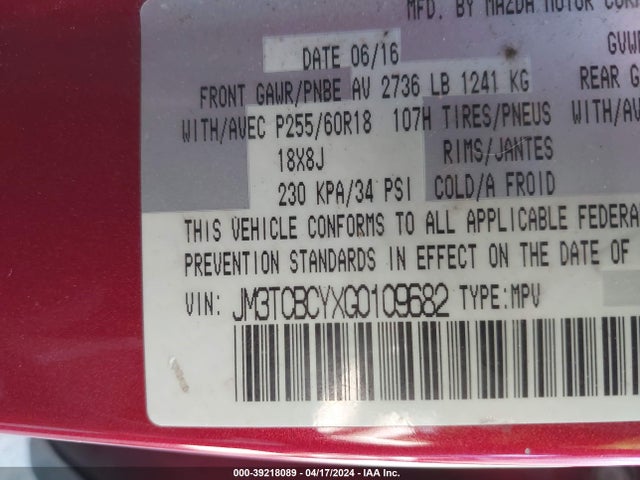 Mazda Cx-9 Touring 2016 JM3TCBCYXG0109682 Image 9