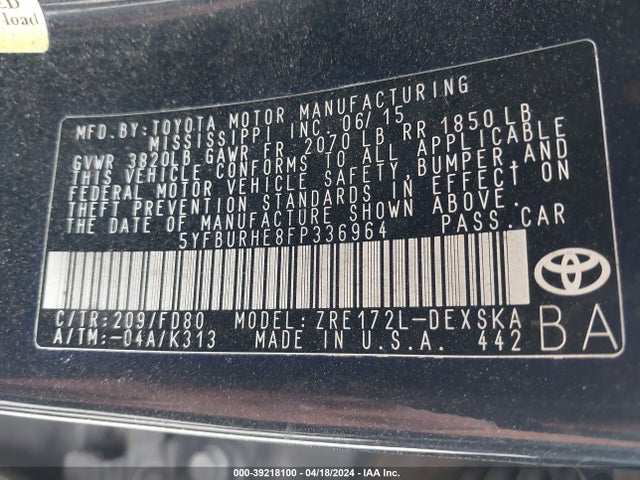 Toyota Corolla S Plus 2015 5YFBURHE8FP336964 Image 9