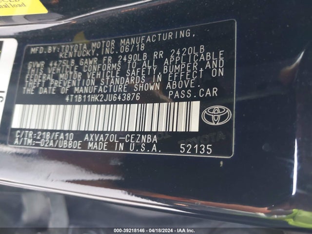 Toyota CAMRY LE 2018 4T1B11HK2JU643876 Image 9