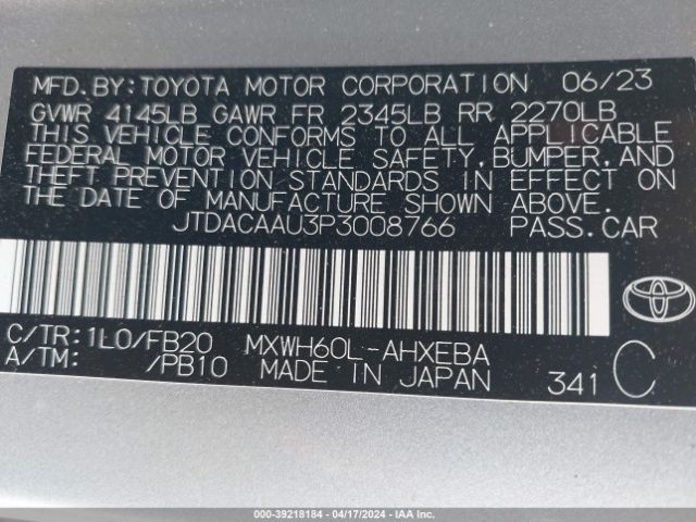 JTDACAAU3P3008766 Toyota Prius Le
