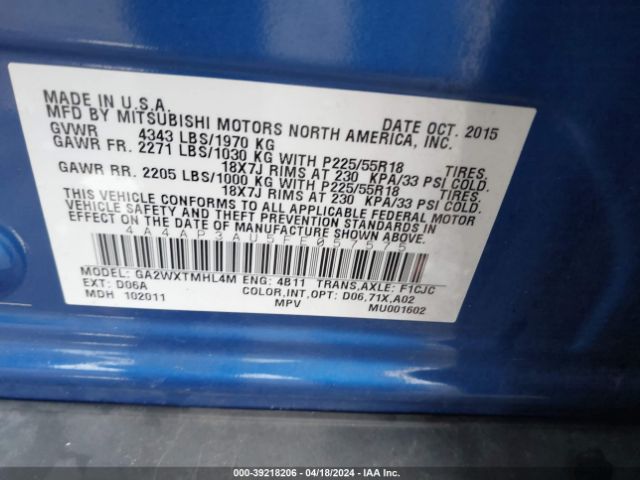 4A4AP3AU5FE057575 Mitsubishi Outlander Sport Es