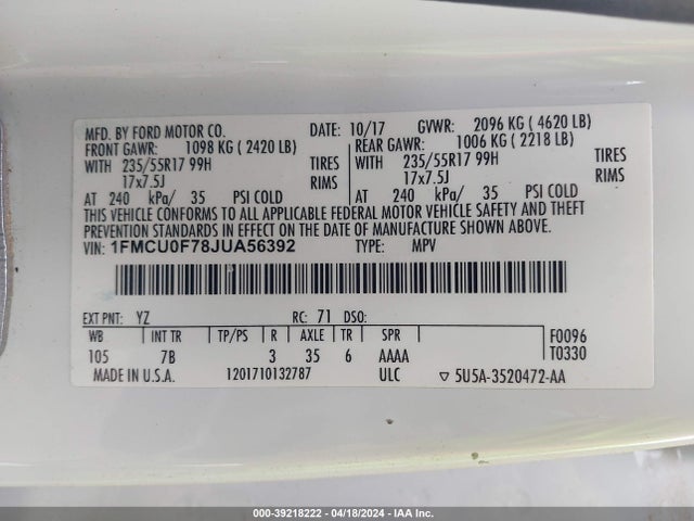 Ford ESCAPE S 2018 1FMCU0F78JUA56392 Image 9