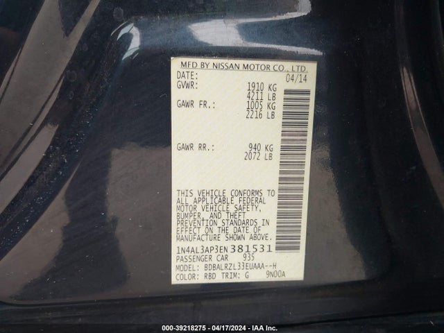 39218275 :رقم المزاد ، 1N4AL3AP3EN381531 vin ، 2014 Nissan Altima 2.5 S مزاد بيع