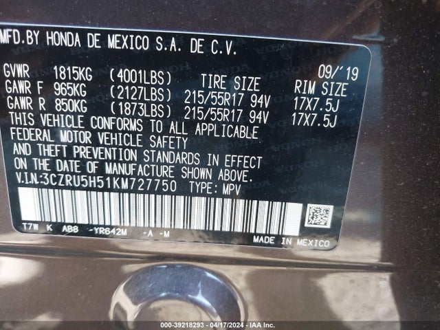 Honda HR-V EX 2019 3CZRU5H51KM727750 Image 9