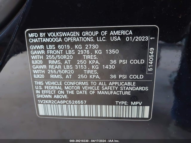 1V2KR2CA6PC526557 Volkswagen Atlas 3.6l V6 Se W/technology