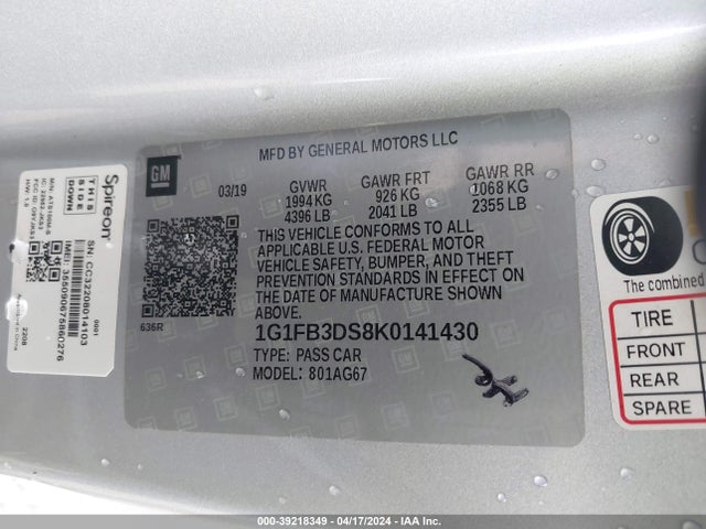 Chevrolet Camaro 1lt 2019 1G1FB3DS8K0141430 Image 9
