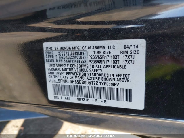 Honda Odyssey Ex-l 2014 5FNRL5H65EB096172 Image 9