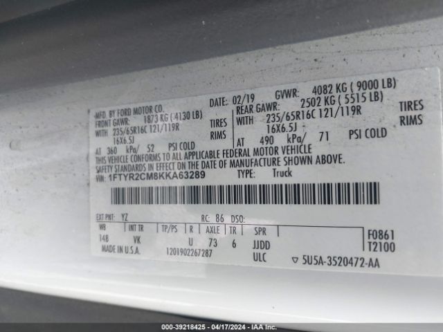 1FTYR2CM8KKA63289 Ford Transit-250