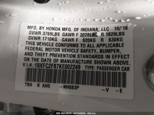 19XFC2F87KE002249 Honda Civic Sport
