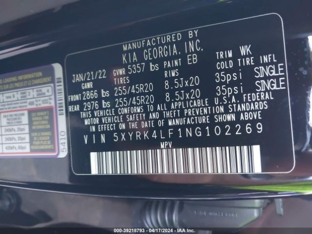 5XYRK4LF1NG102269 KIA Sorento Sx Prestige