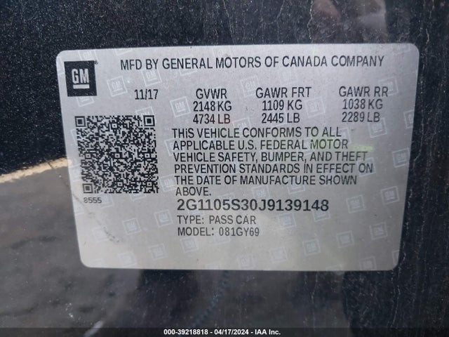 Chevrolet IMPALA 1LT 2018 2G1105S30J9139148 Image 9