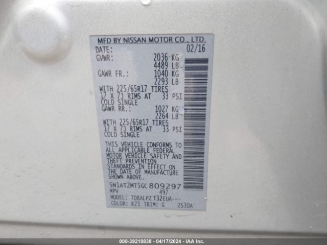 5N1AT2MT5GC809297 Nissan Rogue S/sl/sv