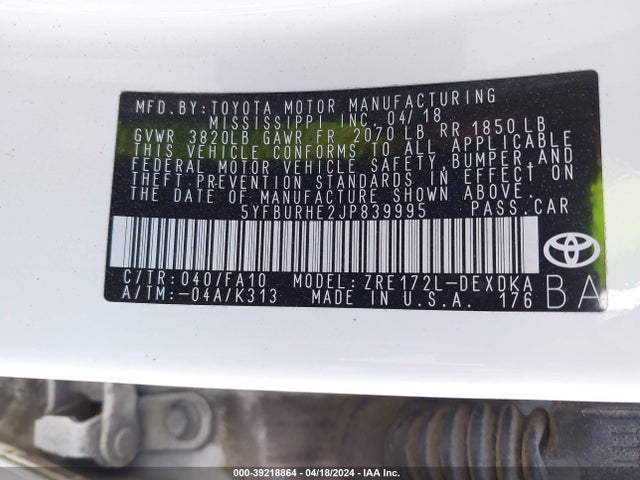 Toyota COROLLA L 2018 5YFBURHE2JP839995 Image 9