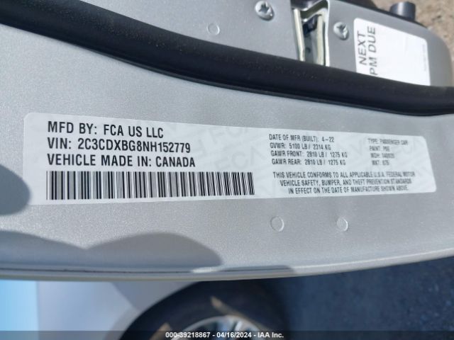 2C3CDXBG8NH152779 Dodge Charger Sxt Rwd