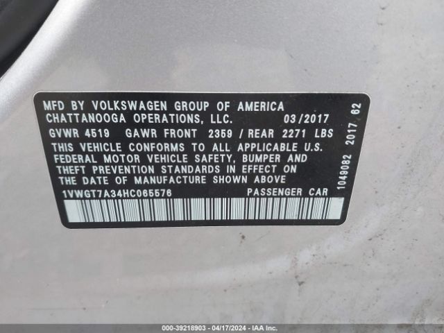 1VWGT7A34HC065576 Volkswagen Passat 1.8t Se
