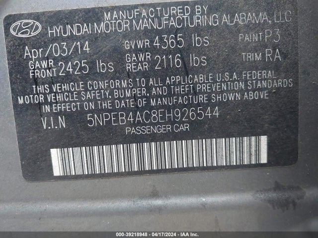 Hyundai SONATA GLS 2014 5NPEB4AC8EH926544 Image 9