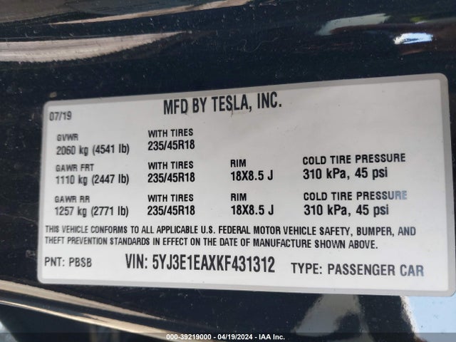 Tesla Model 3 Long Range/mid Range/standard Range/standard Range Plus 2019 5YJ3E1EAXKF431312 Image 9