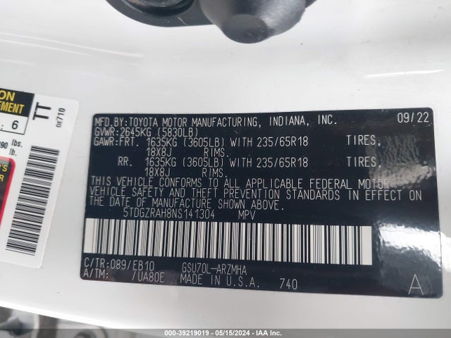Toyota Highlander Xle 2022 5TDGZRAH8NS141304 Image 9