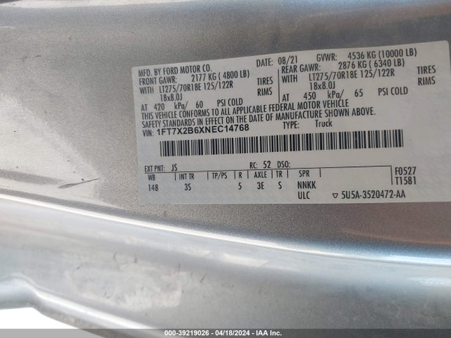 Ford F-250 Xlt 2022 1FT7X2B6XNEC14768 Image 9
