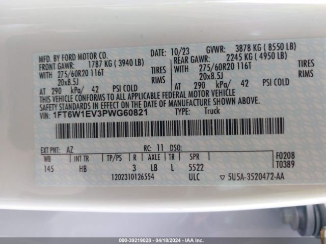 1FT6W1EV3PWG60821 Ford F-150 Lightning Lariat