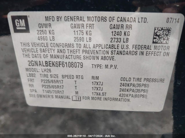 Chevrolet EQUINOX 1LT 2015 2GNALBEK6F6108079 Image 9