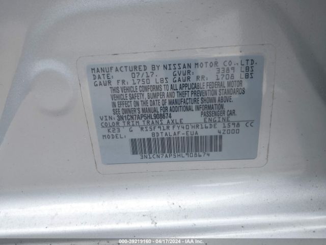 3N1CN7AP5HL908674 Nissan Versa 1.6 S