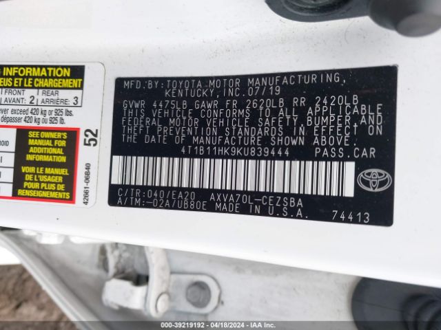 4T1B11HK9KU839444 Toyota CAMRY SE