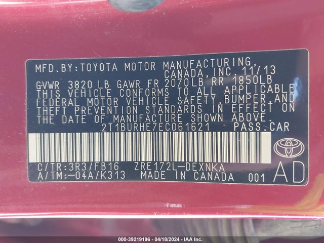 Toyota COROLLA LE 2014 2T1BURHE7EC061621 Image 9