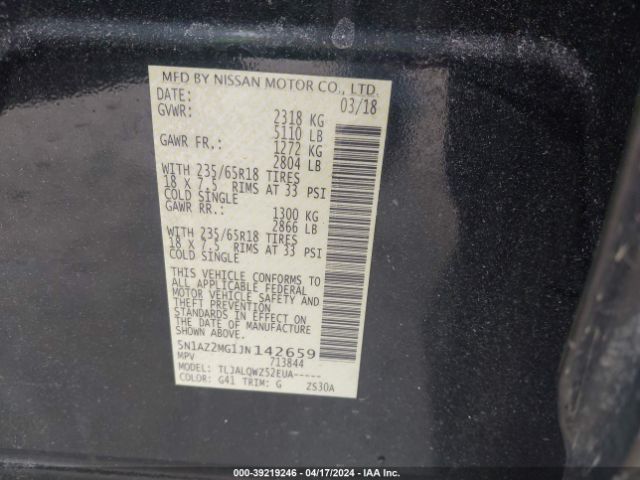 5N1AZ2MG1JN142659 Nissan MURANO SV