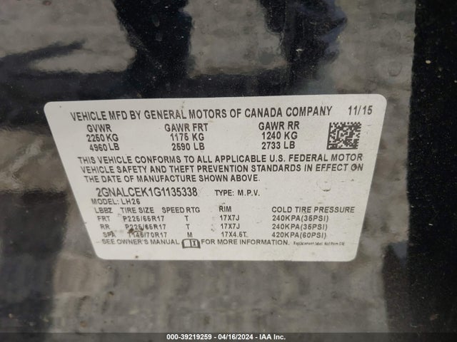 Chevrolet EQUINOX LT 2016 2GNALCEK1G1135338 Image 9