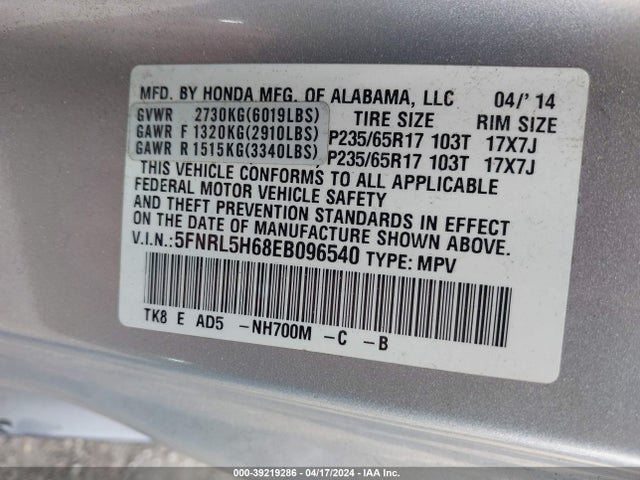 Honda Odyssey Ex-l 2014 5FNRL5H68EB096540 Image 9