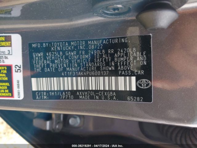 4T1F31AK4PU600137 Toyota Camry Xle Hybrid
