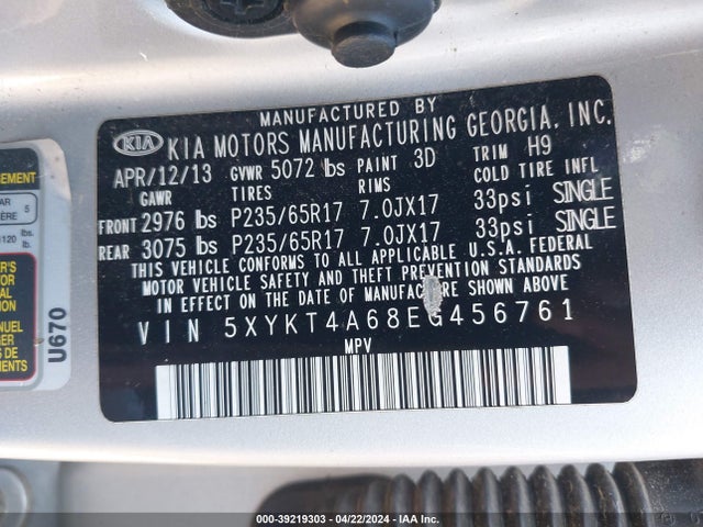 KIA SORENTO LX 2014 5XYKT4A68EG456761 Image 9