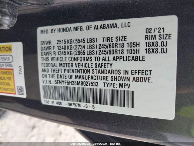 Honda Pilot 2wd Ex 2021 5FNYF5H38MB027533 Image 9