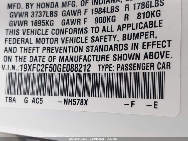 Honda Civic Lx 2016 19XFC2F50GE088212 Image 9