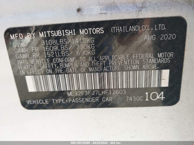 ML32F3FJ7LHF12603 Mitsubishi Mirage G4 Es