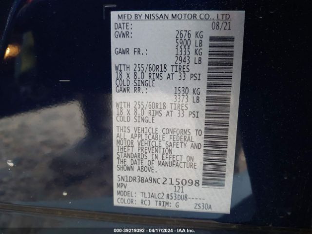 5N1DR3BA9NC215098 Nissan Pathfinder Sv 2wd